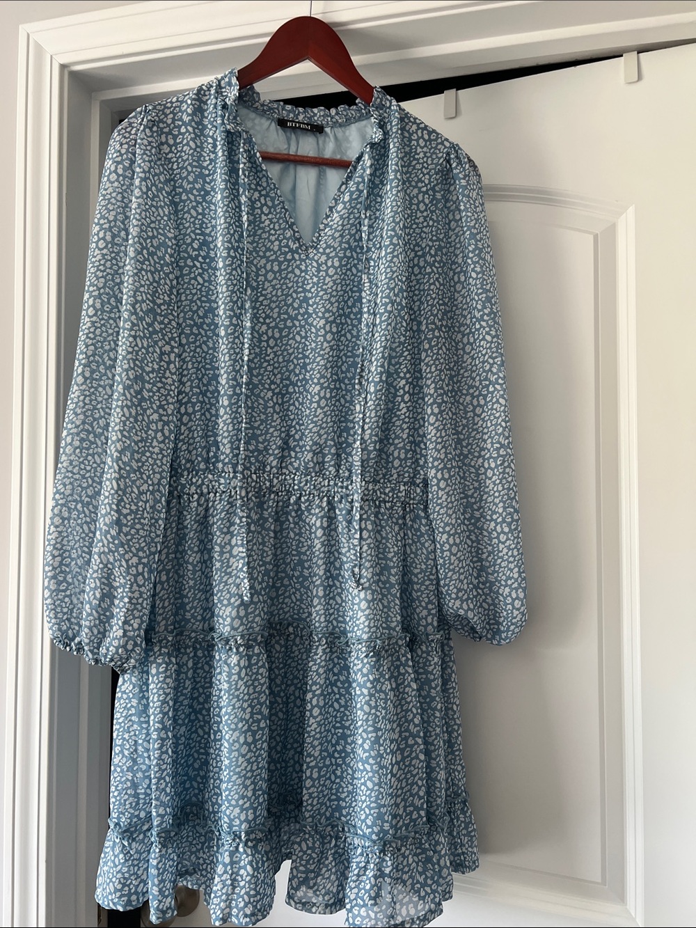 Babaton Blue Printed Tiered Long-Sleeve Dress